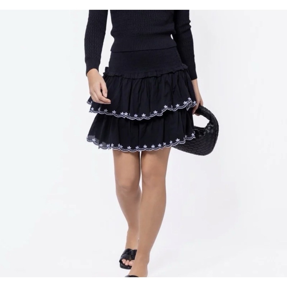 Aqua Flowy Floral Skirt Ruffled Layer Mini Black Elastic Waist - Size Large